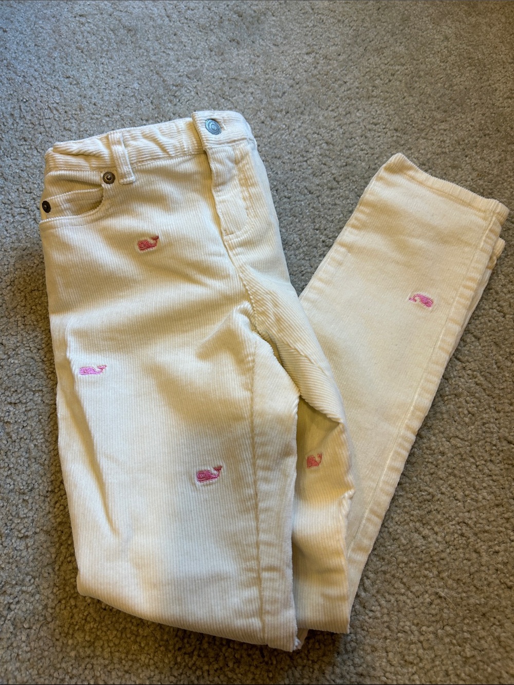Vineyard Vines Cream Corduroy Pants with Pink Whale Embroidery